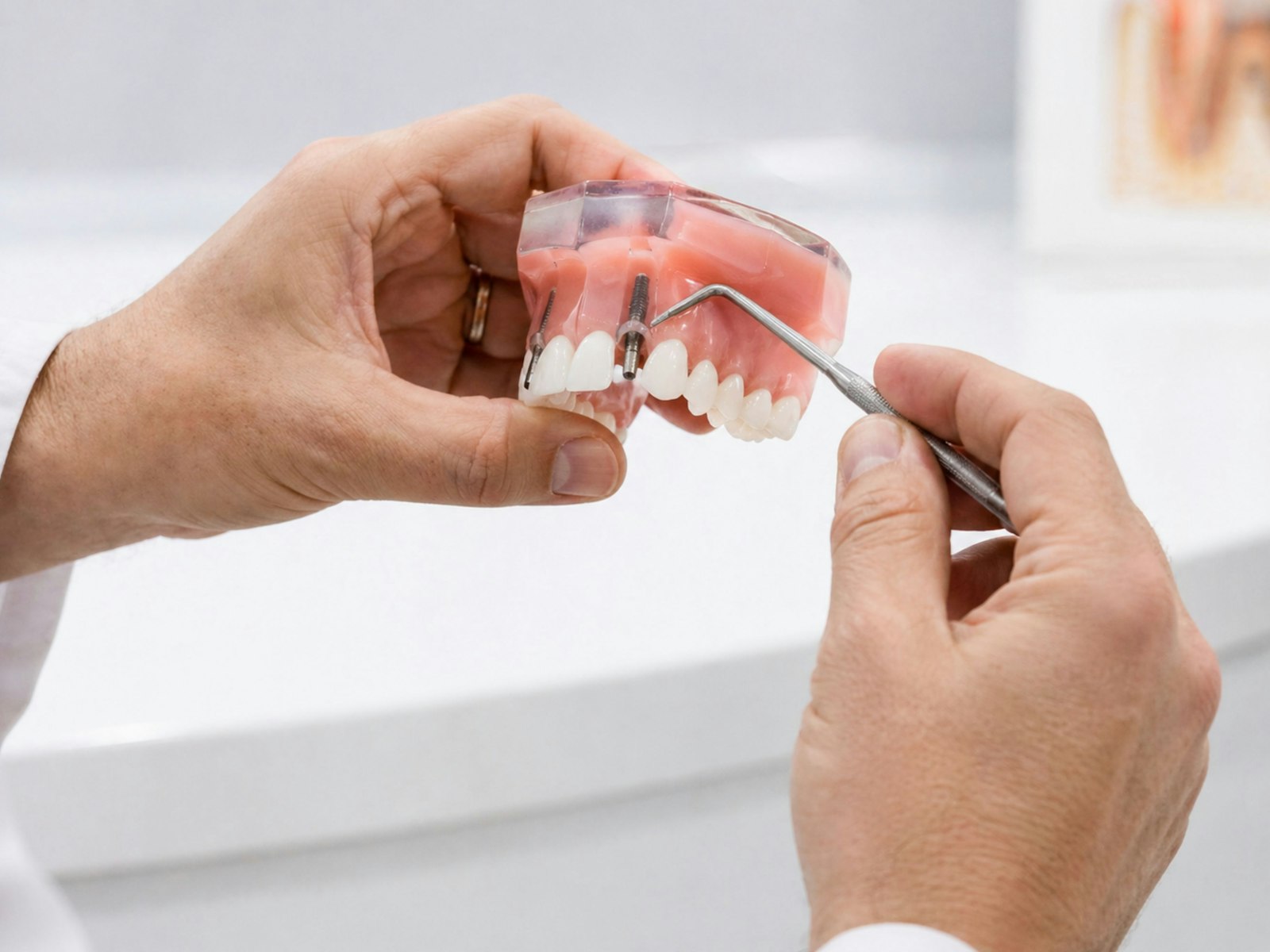 Dentist demonstrating dental implant on model